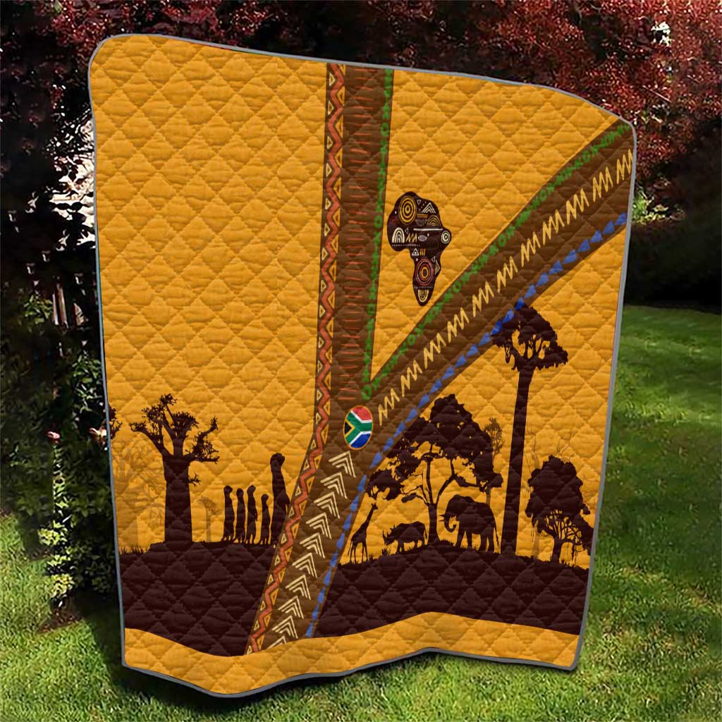 Tribal Africa Heritage with South Africa Flag Quilt Wildlife Silhouettes in Earthy Yellow and Brown