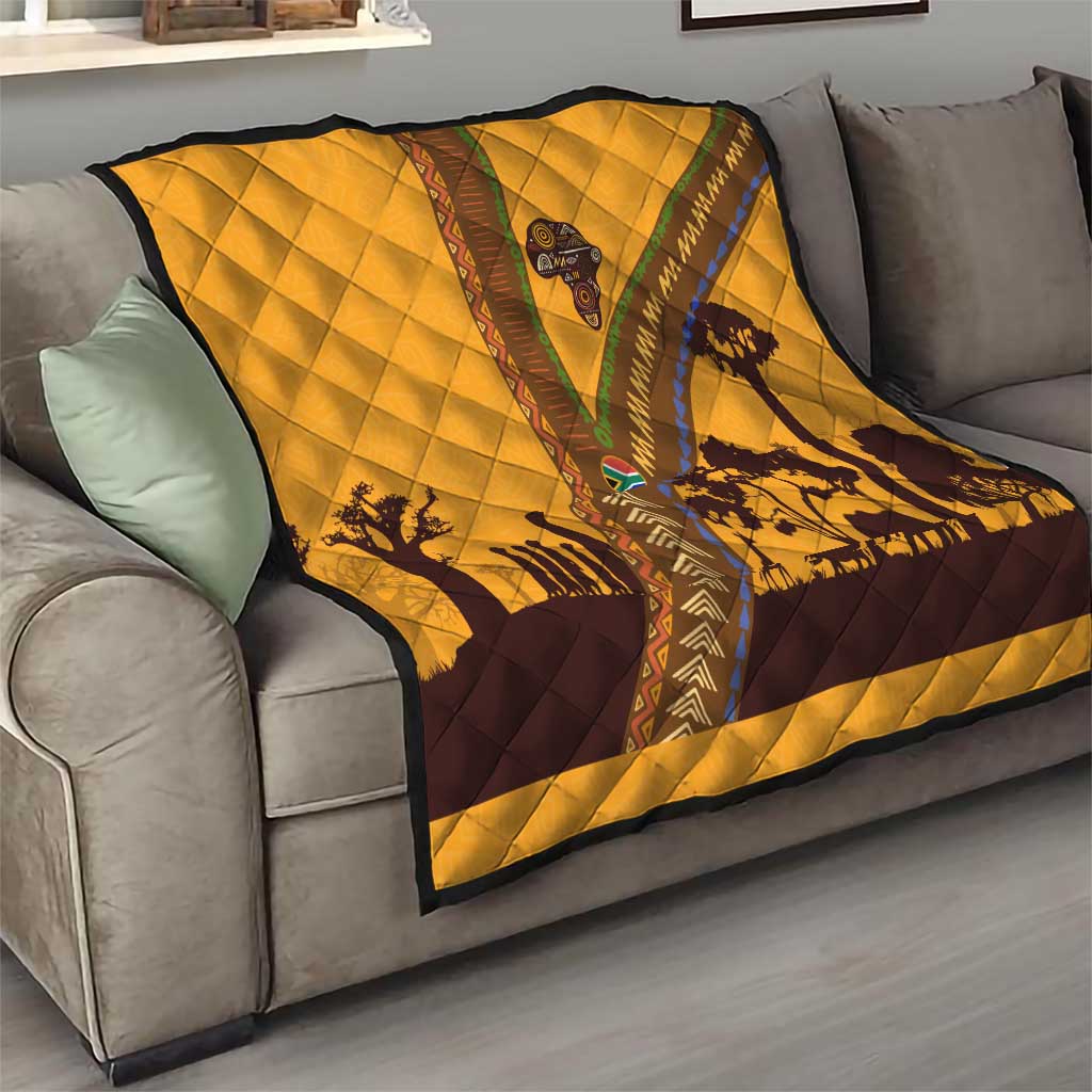 Tribal Africa Heritage with South Africa Flag Quilt Wildlife Silhouettes in Earthy Yellow and Brown