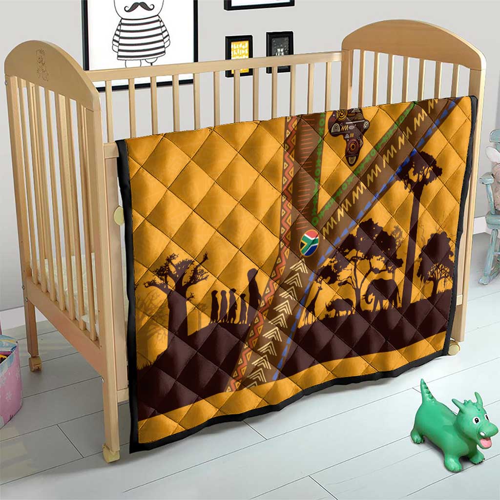 Tribal Africa Heritage with South Africa Flag Quilt Wildlife Silhouettes in Earthy Yellow and Brown