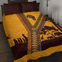 Tribal Africa Heritage with South Africa Flag Quilt Bed Set Wildlife Silhouettes in Earthy Yellow and Brown