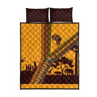 Tribal Africa Heritage with South Africa Flag Quilt Bed Set Wildlife Silhouettes in Earthy Yellow and Brown