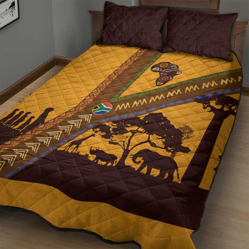 Tribal Africa Heritage with South Africa Flag Quilt Bed Set Wildlife Silhouettes in Earthy Yellow and Brown
