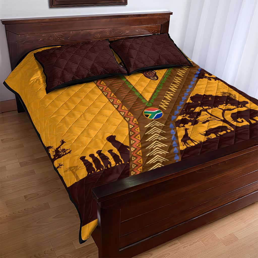 Tribal Africa Heritage with South Africa Flag Quilt Bed Set Wildlife Silhouettes in Earthy Yellow and Brown