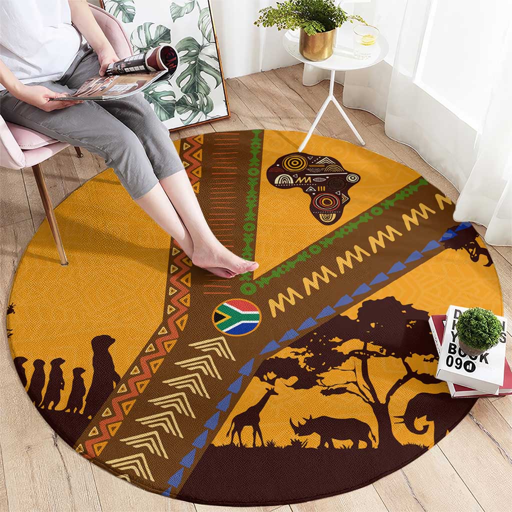 Tribal Africa Heritage with South Africa Flag Round Carpet Wildlife Silhouettes in Earthy Yellow and Brown