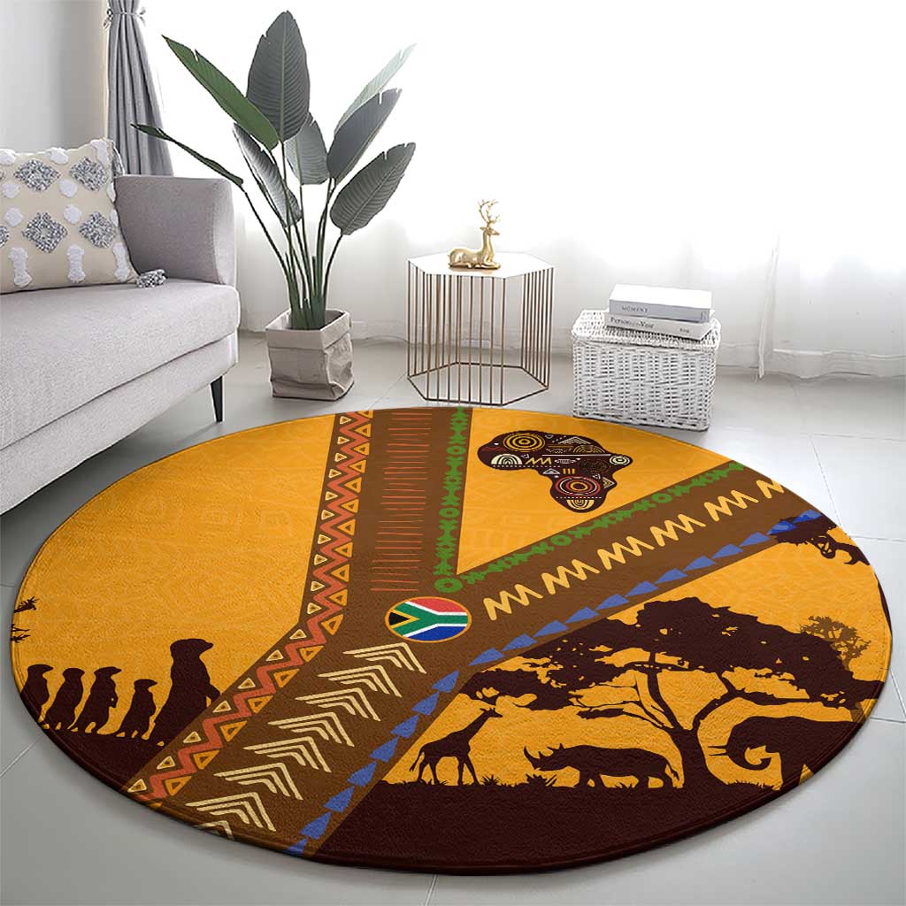 Tribal Africa Heritage with South Africa Flag Round Carpet Wildlife Silhouettes in Earthy Yellow and Brown