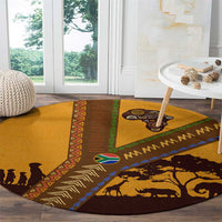 Tribal Africa Heritage with South Africa Flag Round Carpet Wildlife Silhouettes in Earthy Yellow and Brown