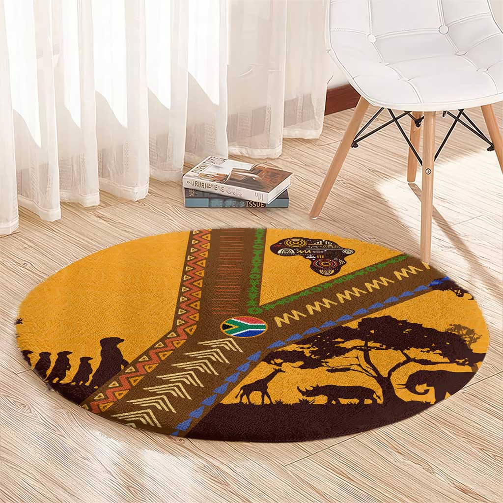 Tribal Africa Heritage with South Africa Flag Round Carpet Wildlife Silhouettes in Earthy Yellow and Brown