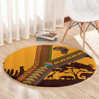 Tribal Africa Heritage with South Africa Flag Round Carpet Wildlife Silhouettes in Earthy Yellow and Brown
