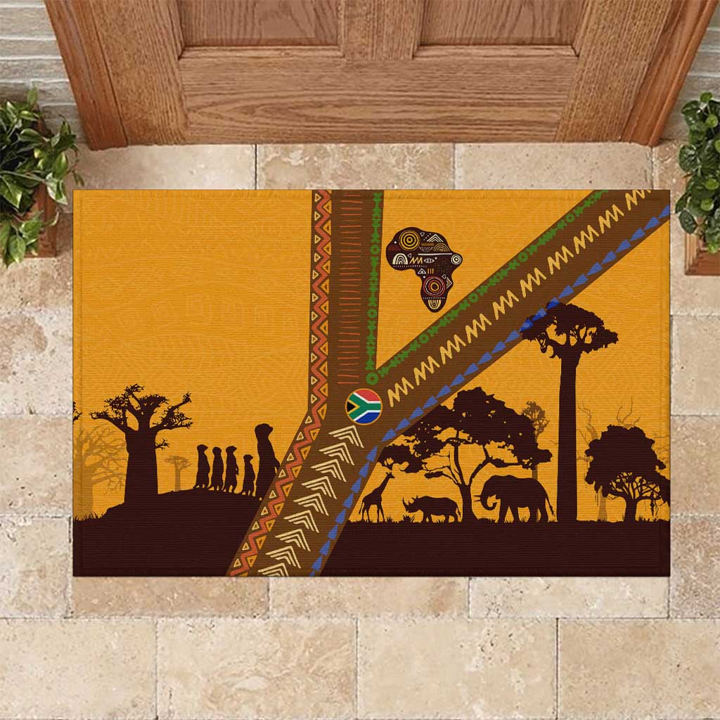 Tribal Africa Heritage with South Africa Flag Rubber Doormat Wildlife Silhouettes in Earthy Yellow and Brown