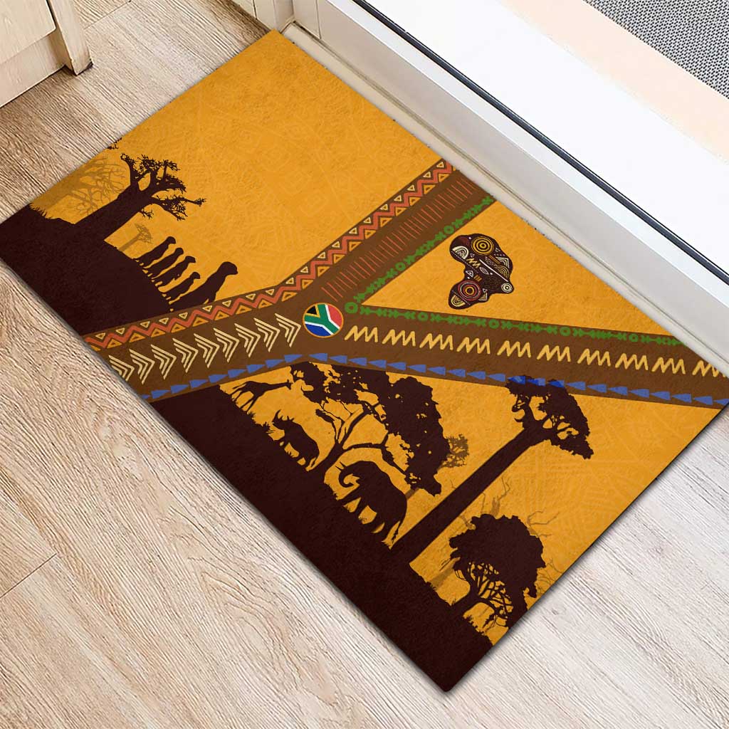 Tribal Africa Heritage with South Africa Flag Rubber Doormat Wildlife Silhouettes in Earthy Yellow and Brown