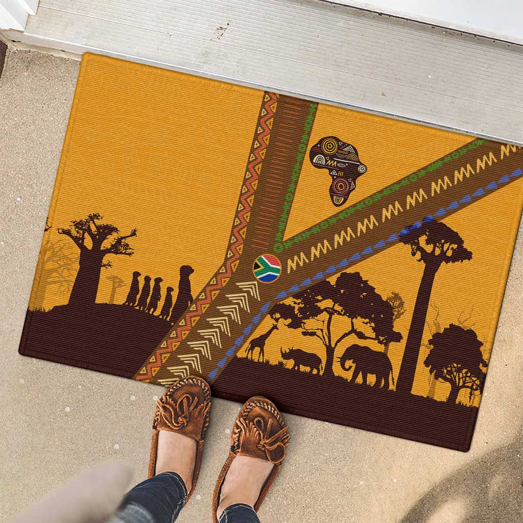 Tribal Africa Heritage with South Africa Flag Rubber Doormat Wildlife Silhouettes in Earthy Yellow and Brown