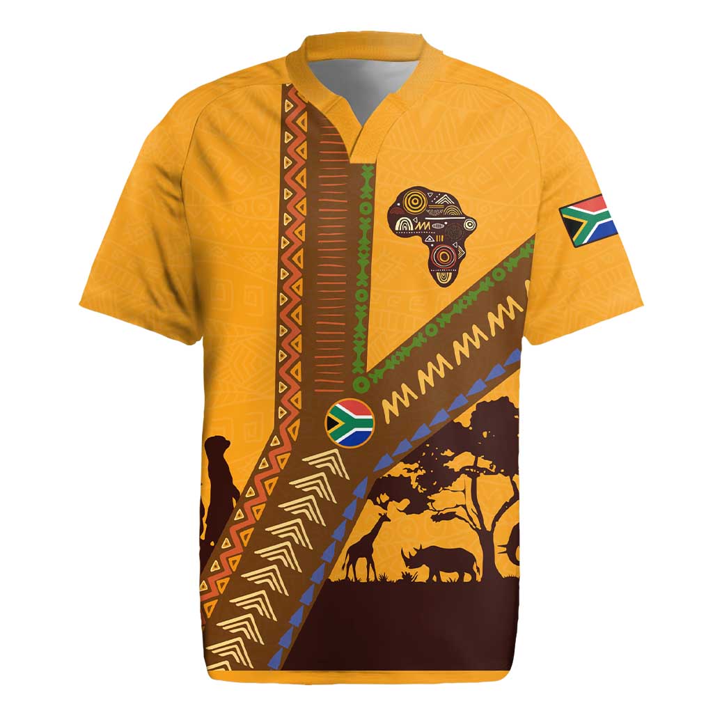 Tribal Africa Heritage with South Africa Flag Rugby Jersey Wildlife Silhouettes in Earthy Yellow and Brown