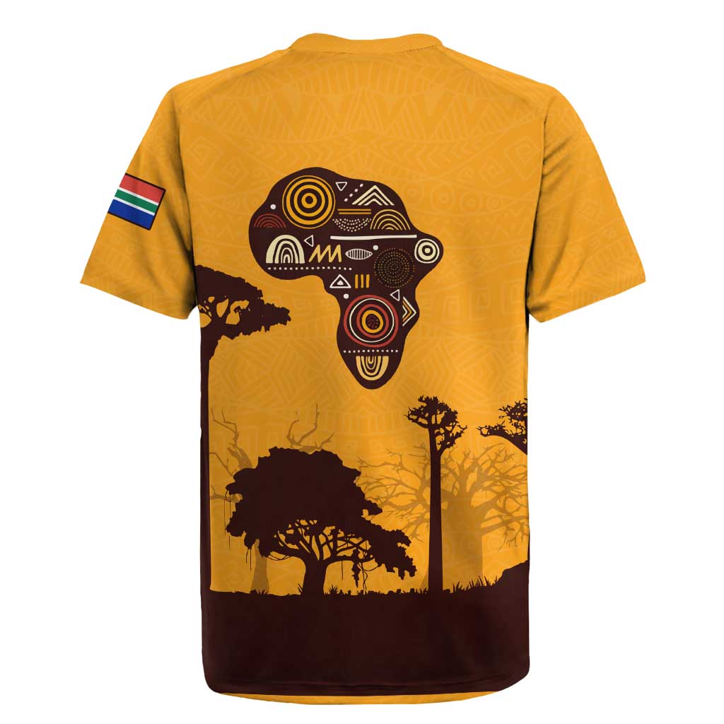 Tribal Africa Heritage with South Africa Flag Rugby Jersey Wildlife Silhouettes in Earthy Yellow and Brown