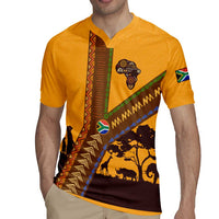 Tribal Africa Heritage with South Africa Flag Rugby Jersey Wildlife Silhouettes in Earthy Yellow and Brown