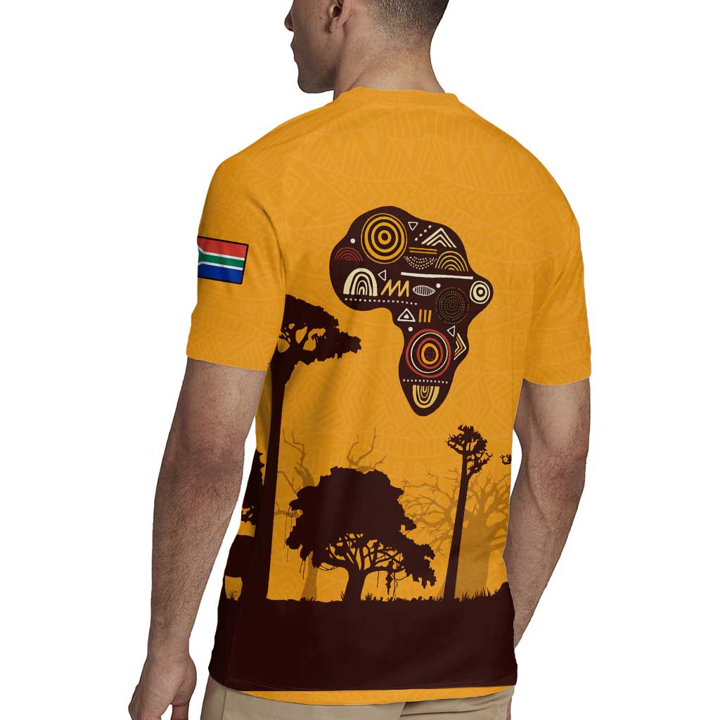 Tribal Africa Heritage with South Africa Flag Rugby Jersey Wildlife Silhouettes in Earthy Yellow and Brown