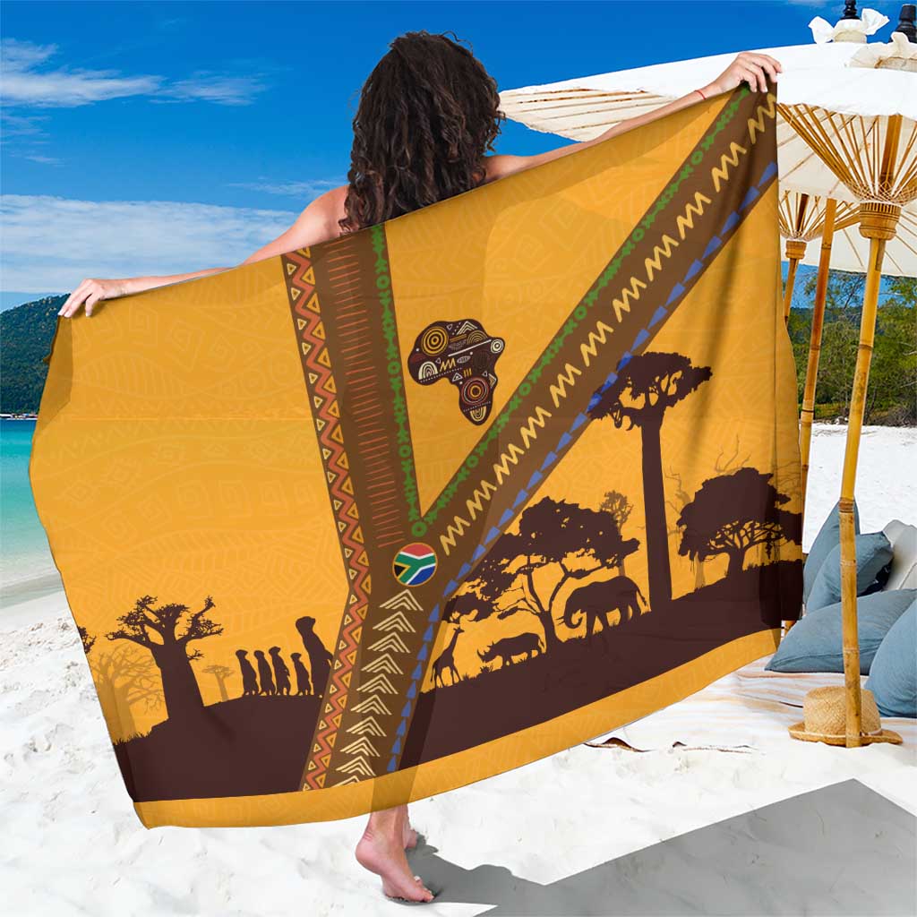 Tribal Africa Heritage with South Africa Flag Sarong Wildlife Silhouettes in Earthy Yellow and Brown