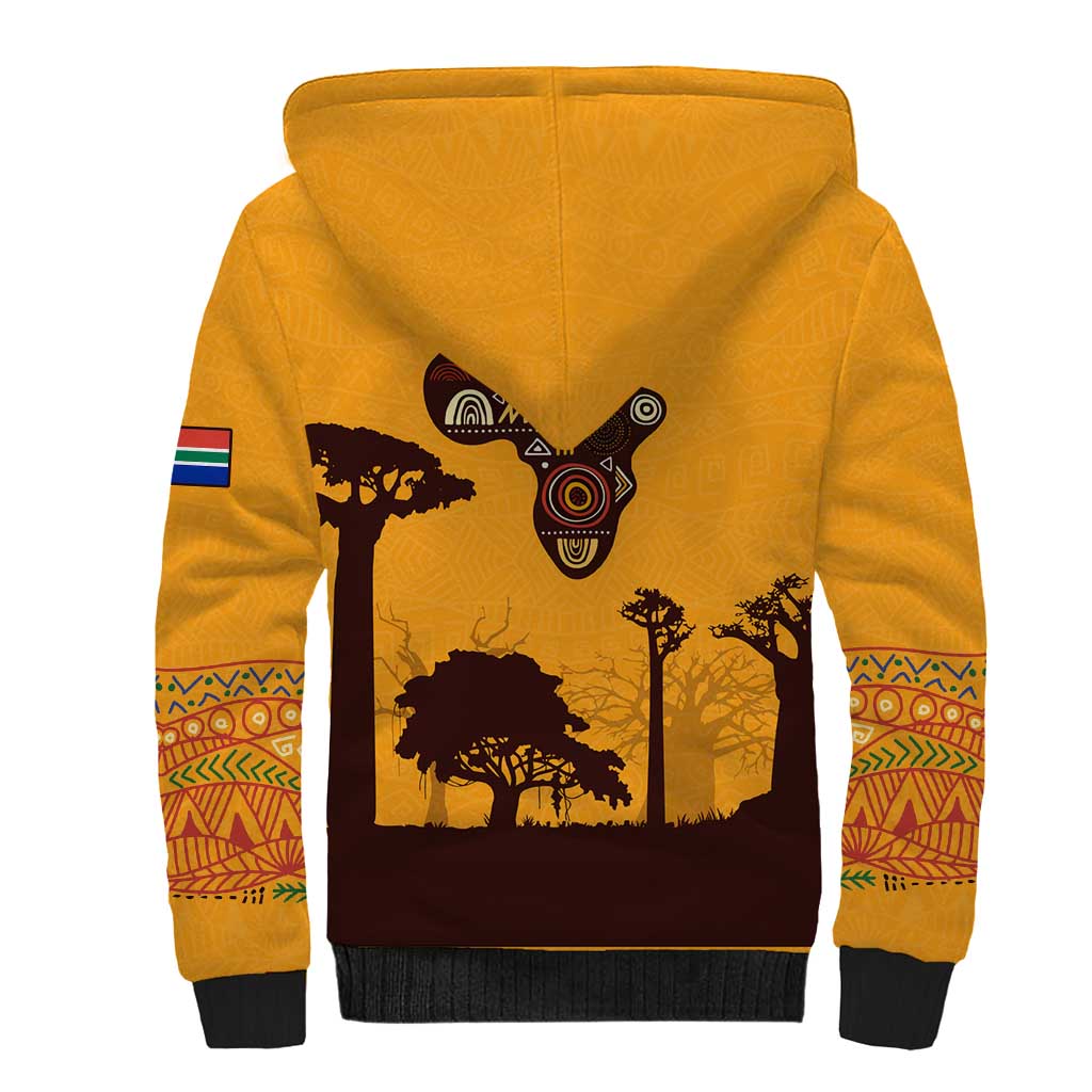 Tribal Africa Heritage with South Africa Flag Sherpa Hoodie Wildlife Silhouettes in Earthy Yellow and Brown