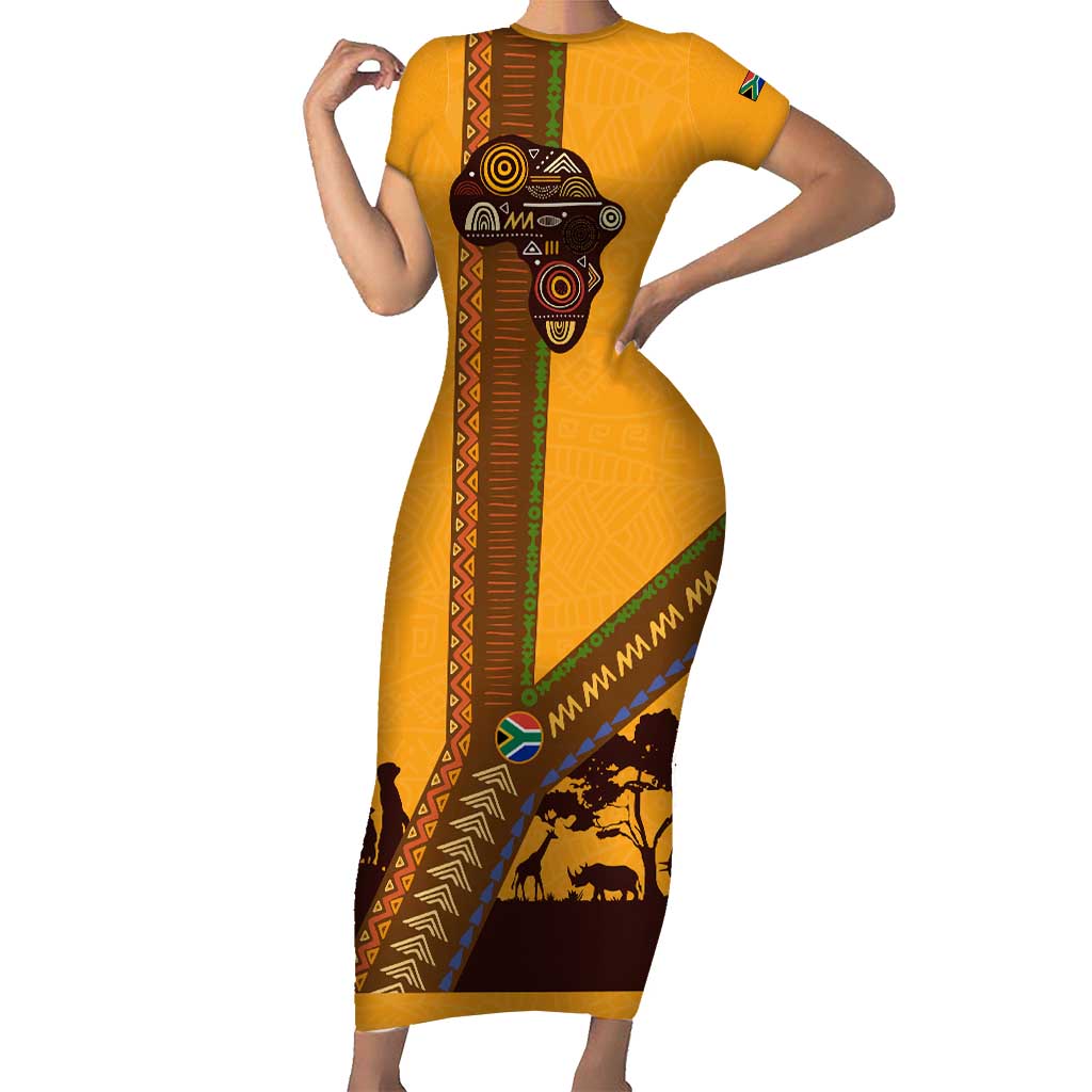 Tribal Africa Heritage with South Africa Flag Short Sleeve Bodycon Dress Wildlife Silhouettes in Earthy Yellow and Brown