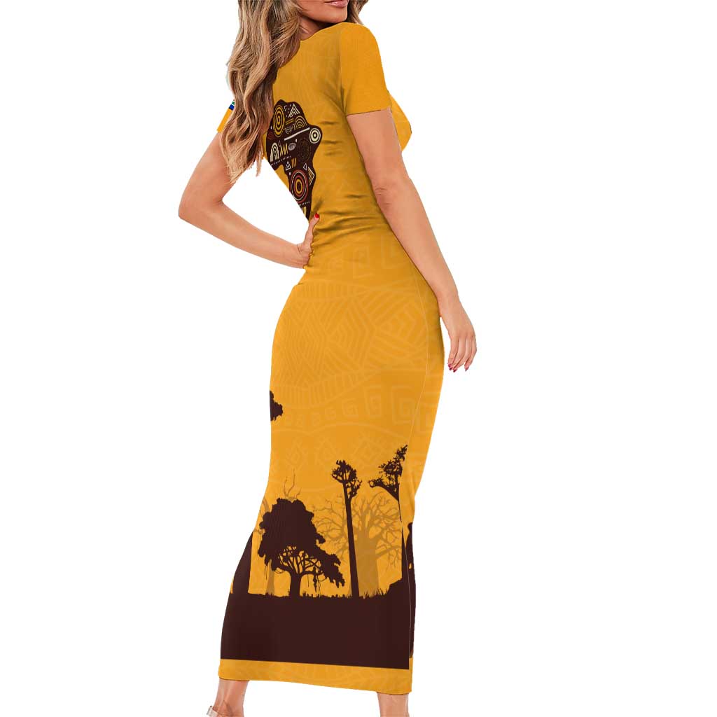 Tribal Africa Heritage with South Africa Flag Short Sleeve Bodycon Dress Wildlife Silhouettes in Earthy Yellow and Brown