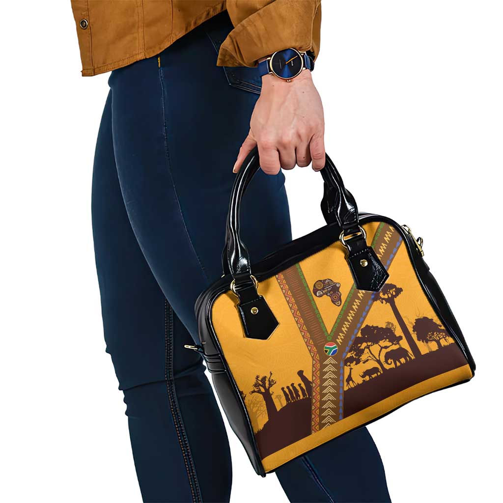 Tribal Africa Heritage with South Africa Flag Shoulder Handbag Wildlife Silhouettes in Earthy Yellow and Brown