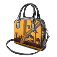 Tribal Africa Heritage with South Africa Flag Shoulder Handbag Wildlife Silhouettes in Earthy Yellow and Brown