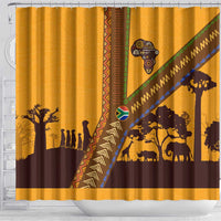 Tribal Africa Heritage with South Africa Flag Shower Curtain Wildlife Silhouettes in Earthy Yellow and Brown