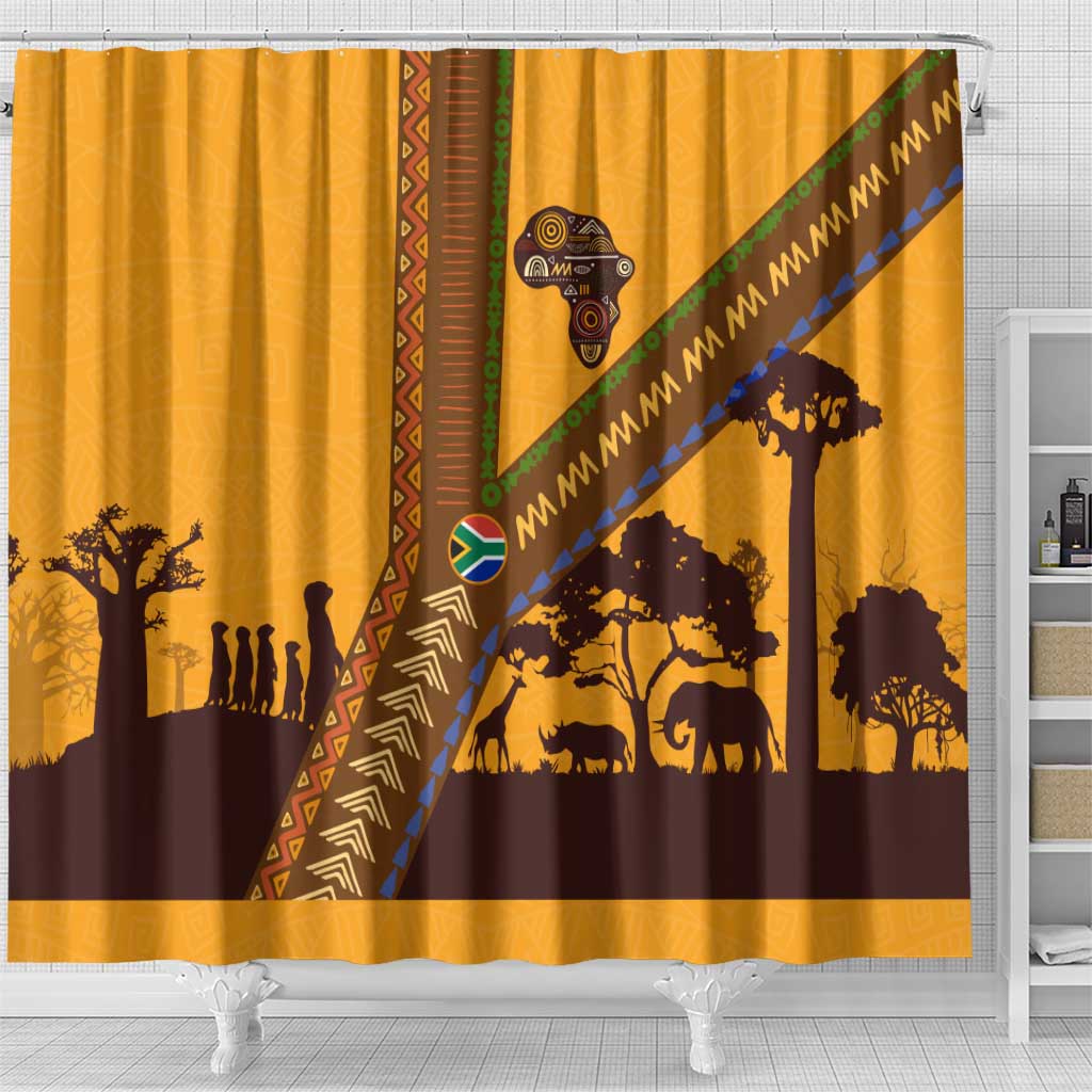 Tribal Africa Heritage with South Africa Flag Shower Curtain Wildlife Silhouettes in Earthy Yellow and Brown
