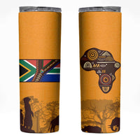 Tribal Africa Heritage with South Africa Flag Skinny Tumbler Wildlife Silhouettes in Earthy Yellow and Brown