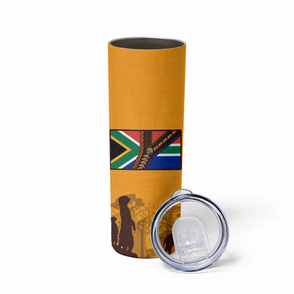 Tribal Africa Heritage with South Africa Flag Skinny Tumbler Wildlife Silhouettes in Earthy Yellow and Brown