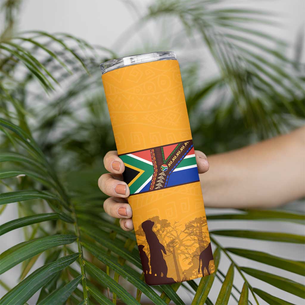 Tribal Africa Heritage with South Africa Flag Skinny Tumbler Wildlife Silhouettes in Earthy Yellow and Brown