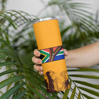 Tribal Africa Heritage with South Africa Flag Skinny Tumbler Wildlife Silhouettes in Earthy Yellow and Brown