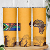Tribal Africa Heritage with South Africa Flag Skinny Tumbler Wildlife Silhouettes in Earthy Yellow and Brown