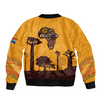 Tribal Africa Heritage with South Africa Flag Sleeve Zip Bomber Jacket Wildlife Silhouettes in Earthy Yellow and Brown