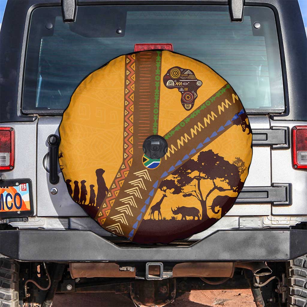 Tribal Africa Heritage with South Africa Flag Spare Tire Cover Wildlife Silhouettes in Earthy Yellow and Brown