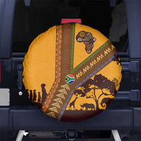 Tribal Africa Heritage with South Africa Flag Spare Tire Cover Wildlife Silhouettes in Earthy Yellow and Brown