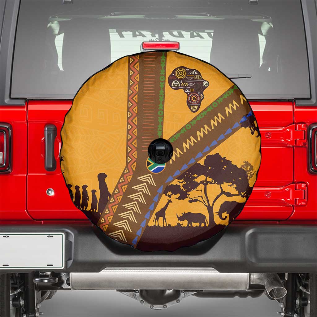 Tribal Africa Heritage with South Africa Flag Spare Tire Cover Wildlife Silhouettes in Earthy Yellow and Brown
