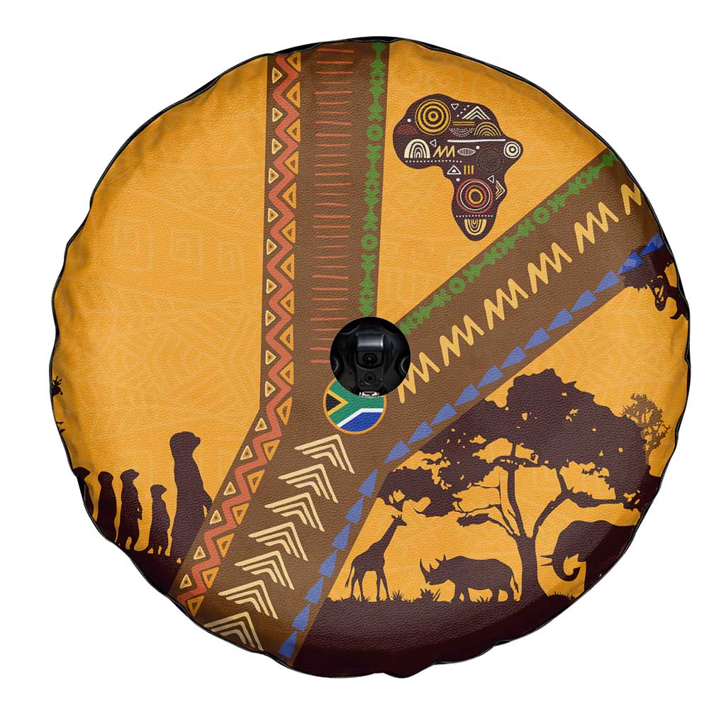 Tribal Africa Heritage with South Africa Flag Spare Tire Cover Wildlife Silhouettes in Earthy Yellow and Brown