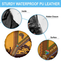 Tribal Africa Heritage with South Africa Flag Spare Tire Cover Wildlife Silhouettes in Earthy Yellow and Brown