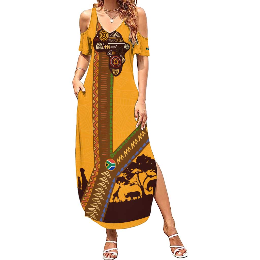 Tribal Africa Heritage with South Africa Flag Summer Maxi Dress Wildlife Silhouettes in Earthy Yellow and Brown