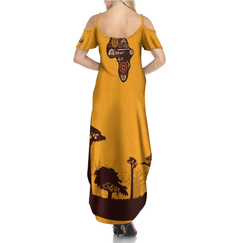 Tribal Africa Heritage with South Africa Flag Summer Maxi Dress Wildlife Silhouettes in Earthy Yellow and Brown