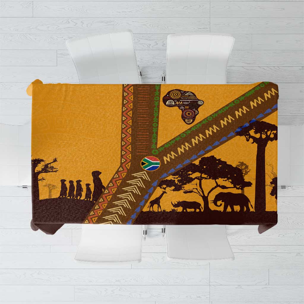 Tribal Africa Heritage with South Africa Flag Tablecloth Wildlife Silhouettes in Earthy Yellow and Brown