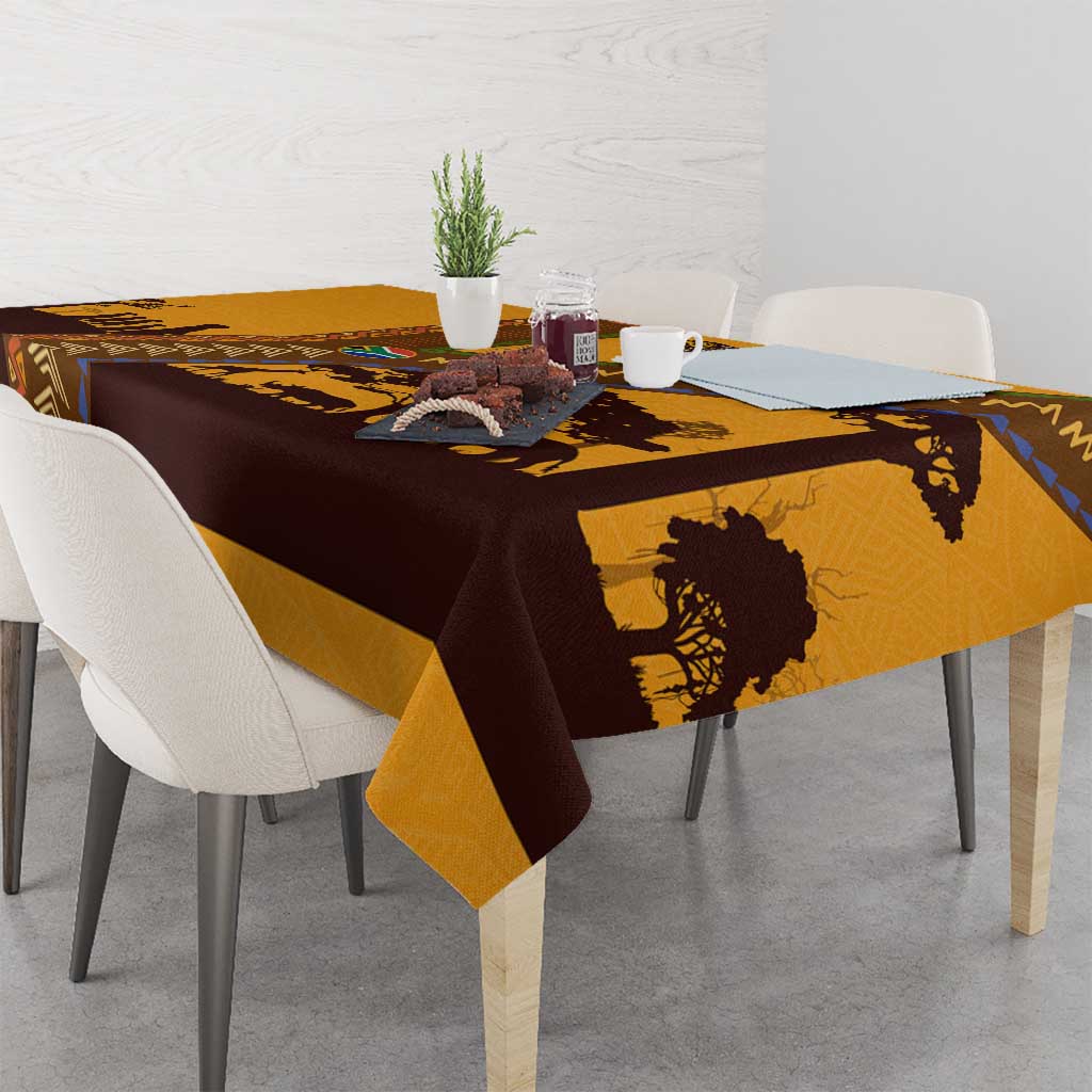 Tribal Africa Heritage with South Africa Flag Tablecloth Wildlife Silhouettes in Earthy Yellow and Brown