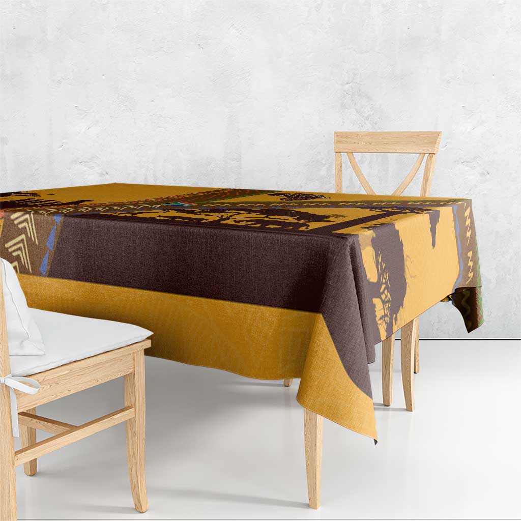 Tribal Africa Heritage with South Africa Flag Tablecloth Wildlife Silhouettes in Earthy Yellow and Brown