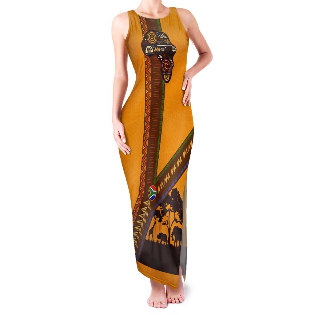 Tribal Africa Heritage with South Africa Flag Tank Maxi Dress Wildlife Silhouettes in Earthy Yellow and Brown
