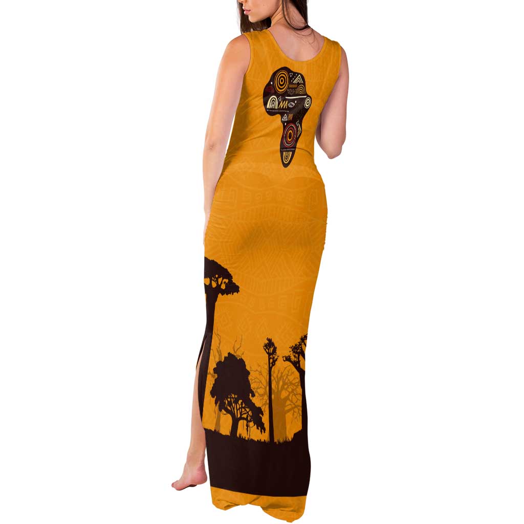 Tribal Africa Heritage with South Africa Flag Tank Maxi Dress Wildlife Silhouettes in Earthy Yellow and Brown