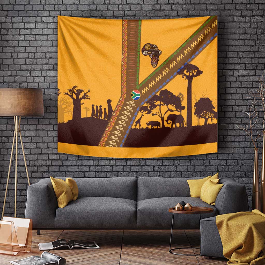 Tribal Africa Heritage with South Africa Flag Tapestry Wildlife Silhouettes in Earthy Yellow and Brown