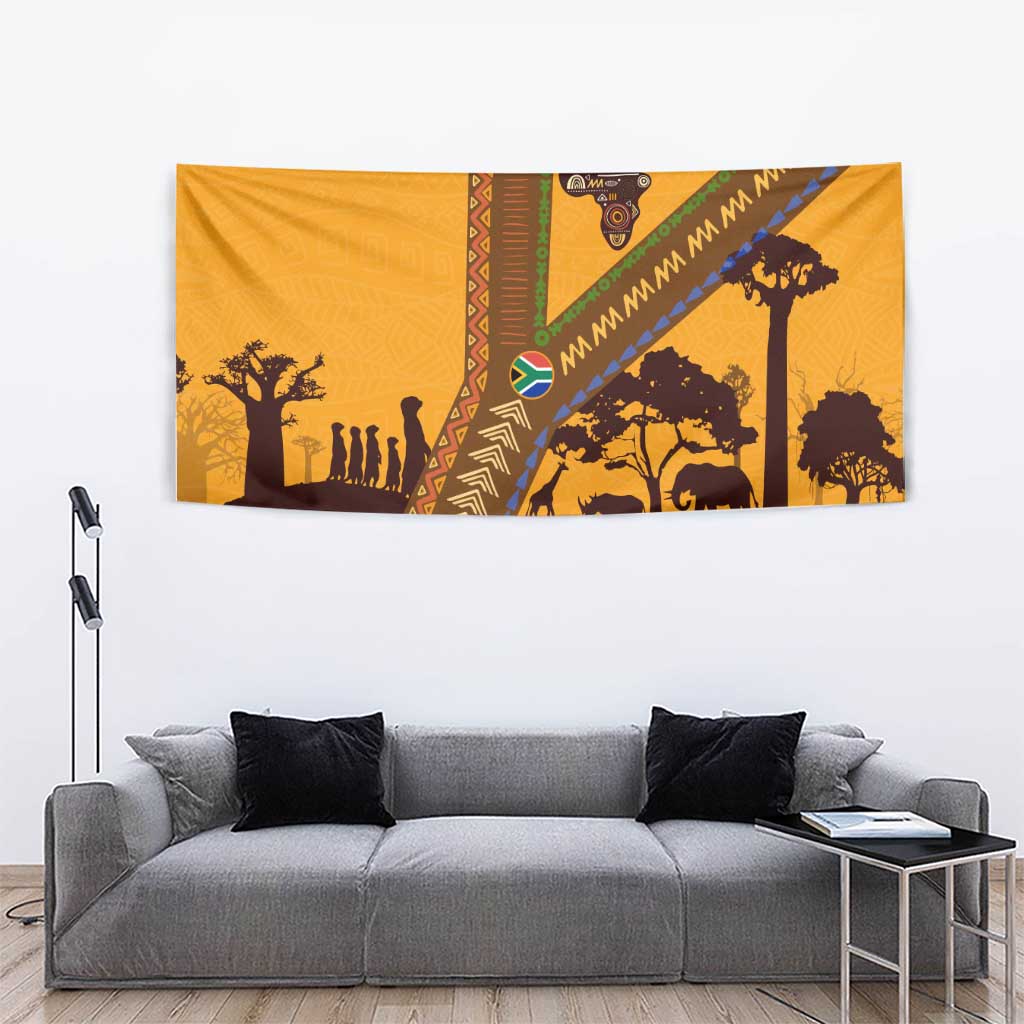 Tribal Africa Heritage with South Africa Flag Tapestry Wildlife Silhouettes in Earthy Yellow and Brown