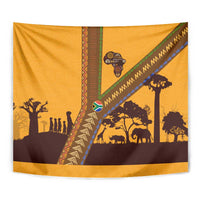 Tribal Africa Heritage with South Africa Flag Tapestry Wildlife Silhouettes in Earthy Yellow and Brown
