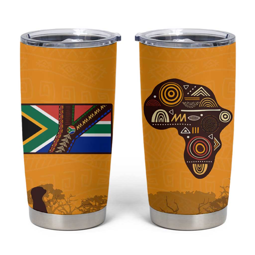 Tribal Africa Heritage with South Africa Flag Tumbler Cup Wildlife Silhouettes in Earthy Yellow and Brown