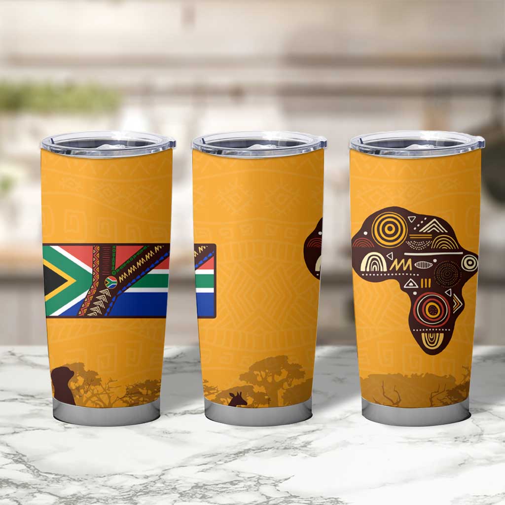Tribal Africa Heritage with South Africa Flag Tumbler Cup Wildlife Silhouettes in Earthy Yellow and Brown